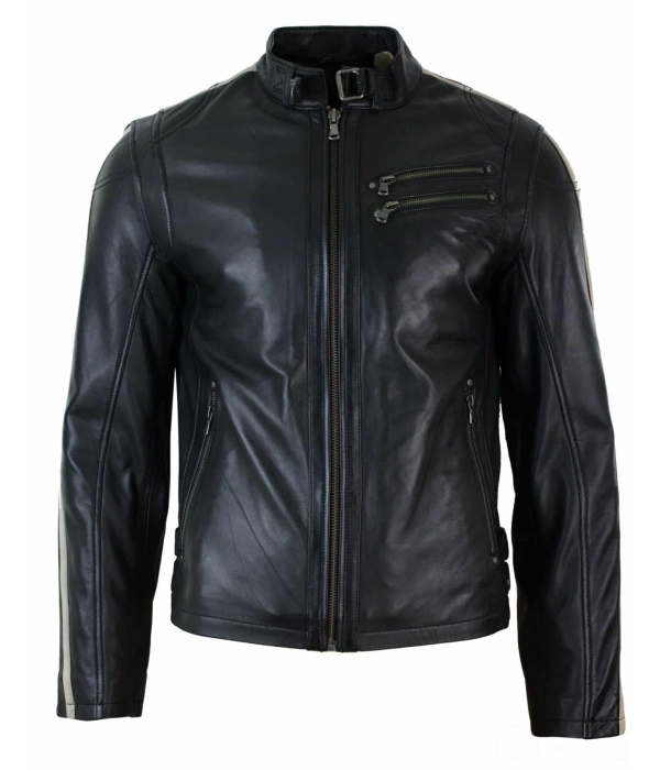 Real Leather Slim Fit Short Mens Biker Racing Jacket Stripes Sleeves Zipped Buy Online Happy Gentleman