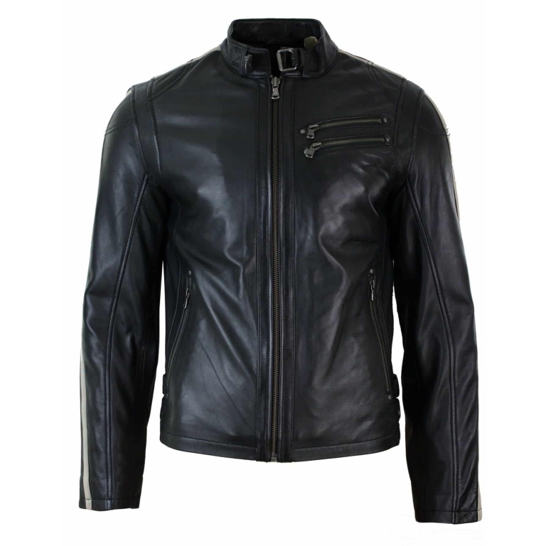 Real Leather Slim Fit Short Mens Biker Racing Jacket Stripes Sleeves ...