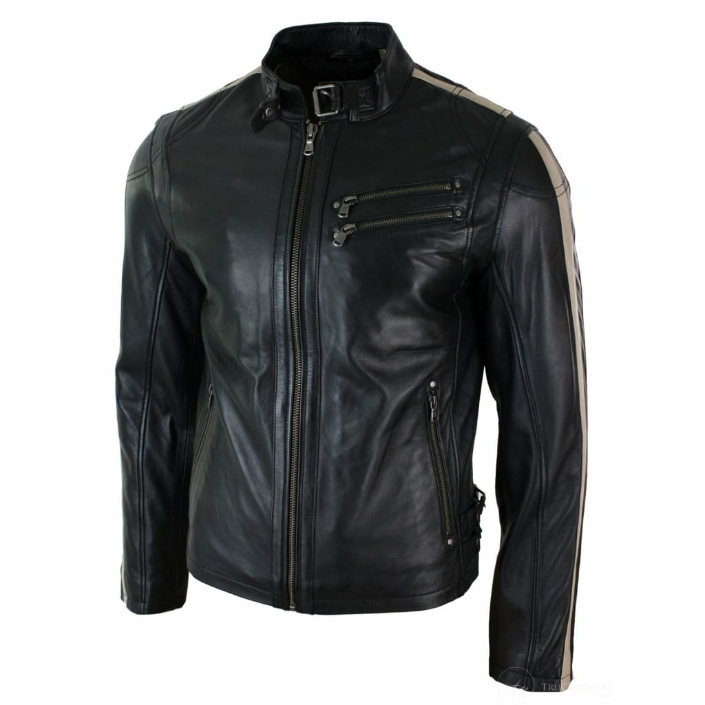 Real Leather Slim Fit Short Mens Biker Racing Jacket Stripes Sleeves ...