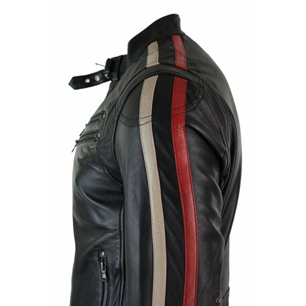 Real Leather Slim Fit Short Mens Biker Racing Jacket Stripes Sleeves Zipped