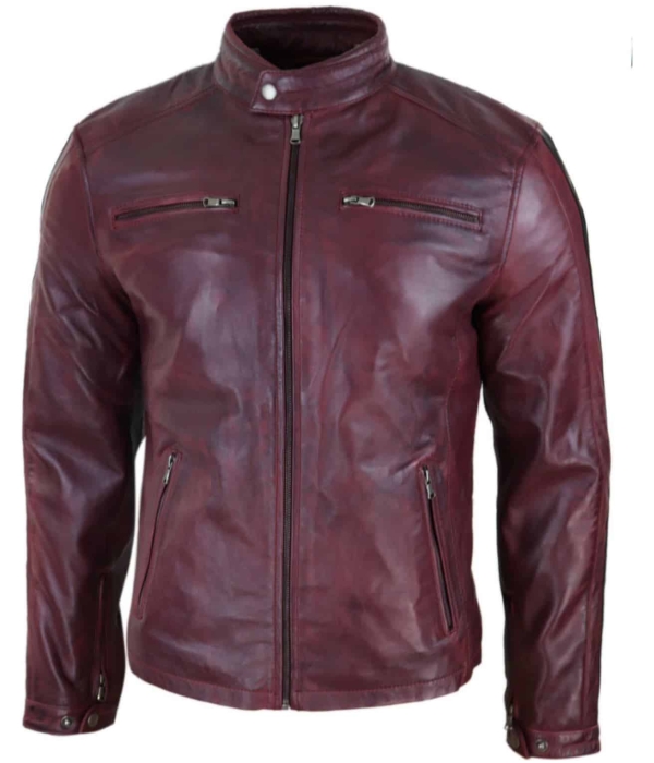 Genuine Real Leather Biker Jacket for Men - Wine Colour