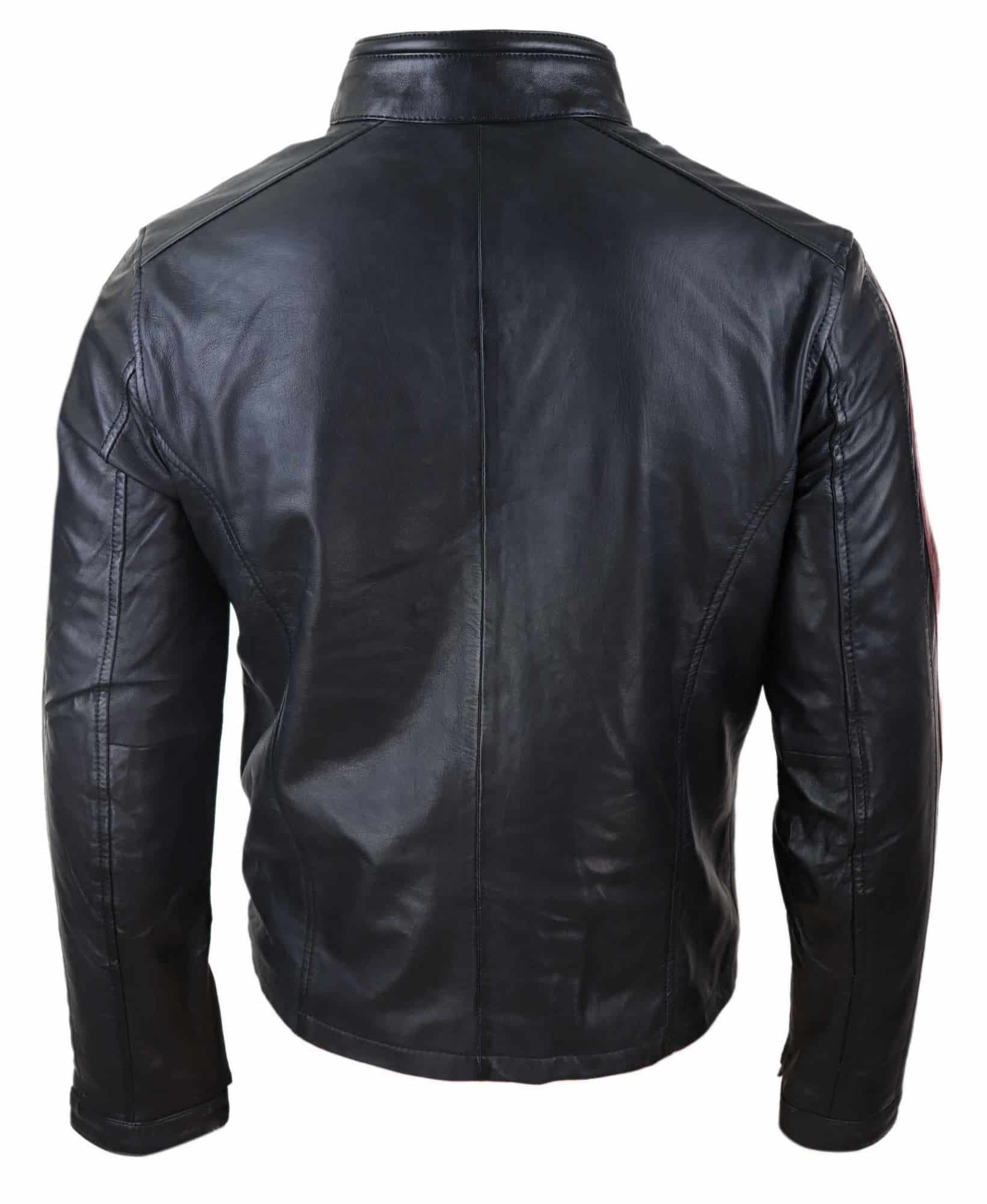 Mens Black Leather Jacket with Racing Stripes | Happy Gentleman