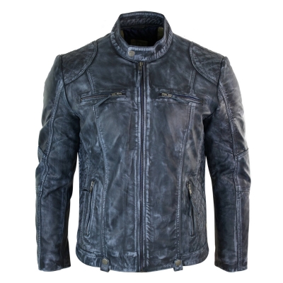 Aviatrix Real Leather Blue Washed Jacket Zip Biker Vintage Distressed Mens Retro Casual