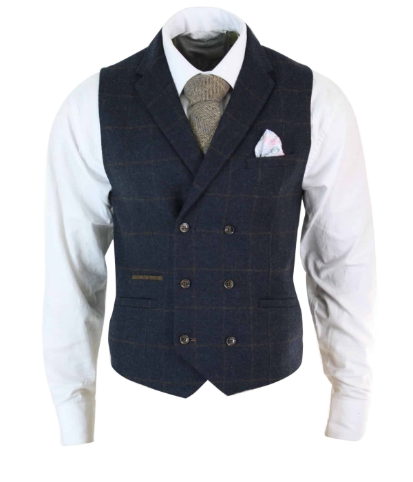 Mens Double Breasted Herringbone Tweed Peaky Blinders Vintage Check Waistcoat Navy Blue