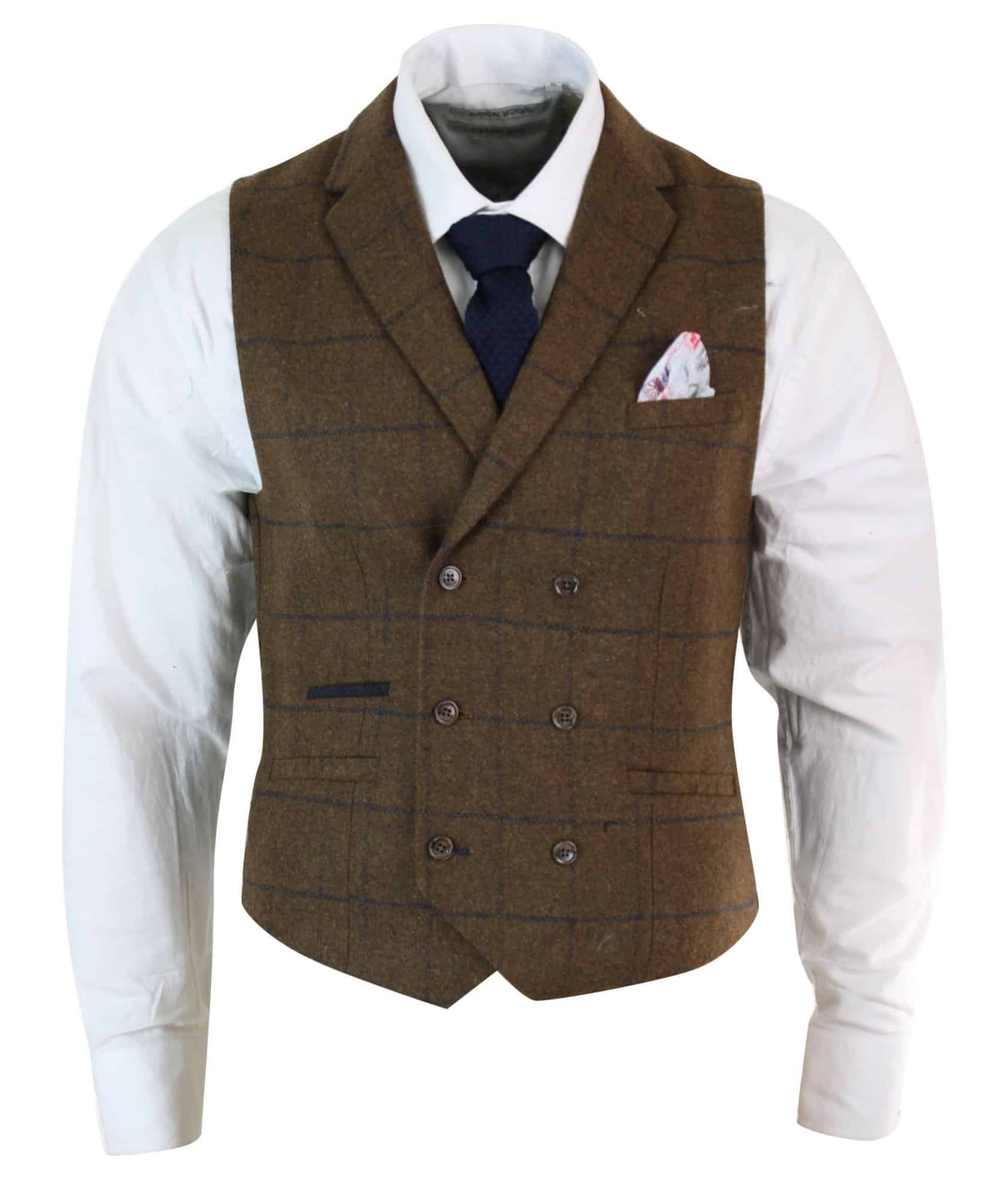 Mens Slim Fit Double Breasted Check Retro Classic Waistcoat Smart Casual Formal 