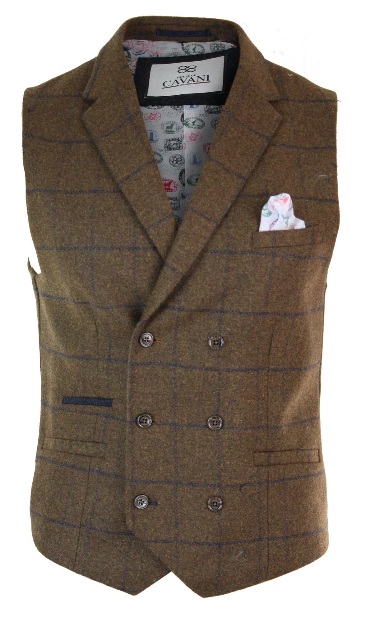 Mens Tweed Check Double Breasted Waistcoat Vintage Herringbone MOD Slim Fit Vest PWC-MADISON-7003-3,UK 40 EU 50,Ash Brown 