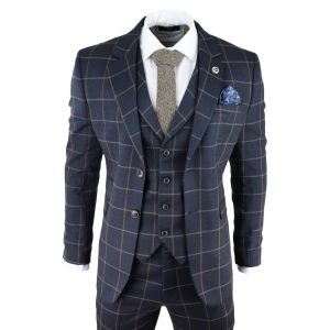 Mens Herringbone Tweed Check 3 Piece Wool Suit Peaky Blinders – Navy Blue