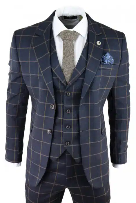 Mens Herringbone Tweed Check 3 Piece Wool Suit Peaky Blinders - Navy Blue