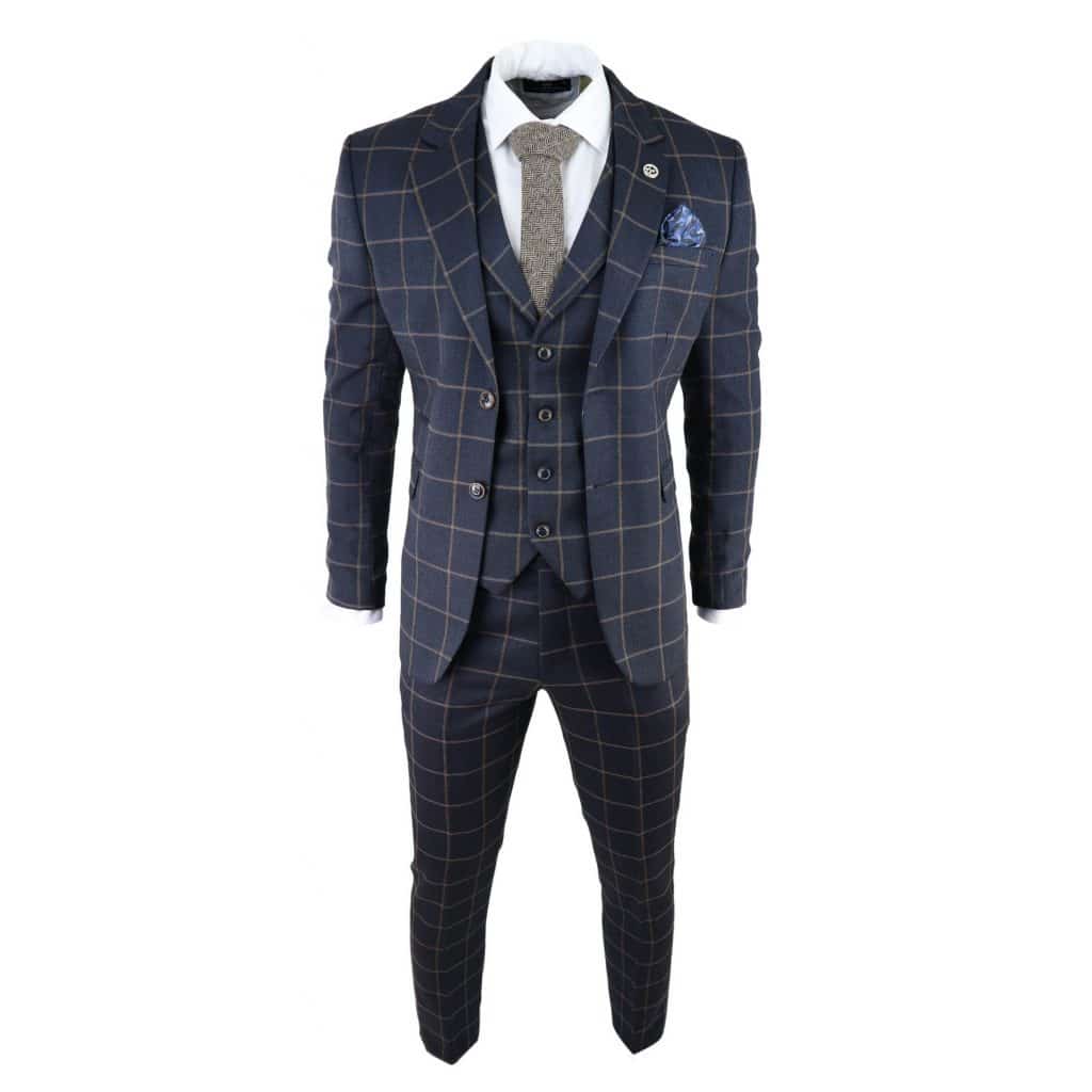 Mens Herringbone Tweed Check 3 Piece Wool Suit Peaky Blinders - Navy ...