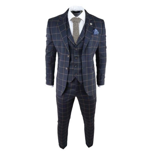 Mens Herringbone Tweed Check 3 Piece Wool Suit Peaky Blinders - Navy Blue
