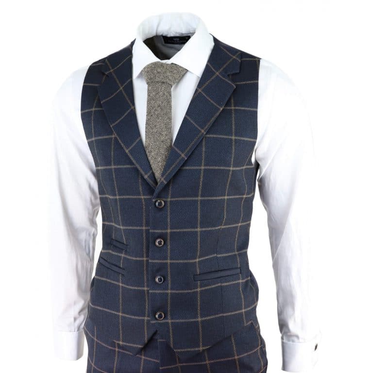 Mens Herringbone Tweed Check 3 Piece Wool Suit Peaky Blinders - Navy ...