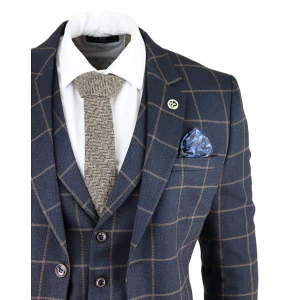 Mens Herringbone Tweed Check 3 Piece Wool Suit Peaky Blinders - Navy Blue