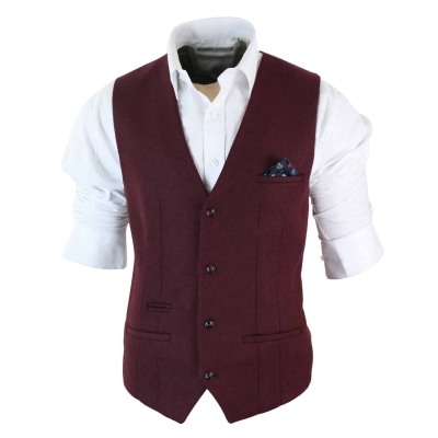 Marc Darcy Len Mati - Mens Slim Fit Burgundy Maroon Black Herringbone Tweed Vintage Retro Waistcoat