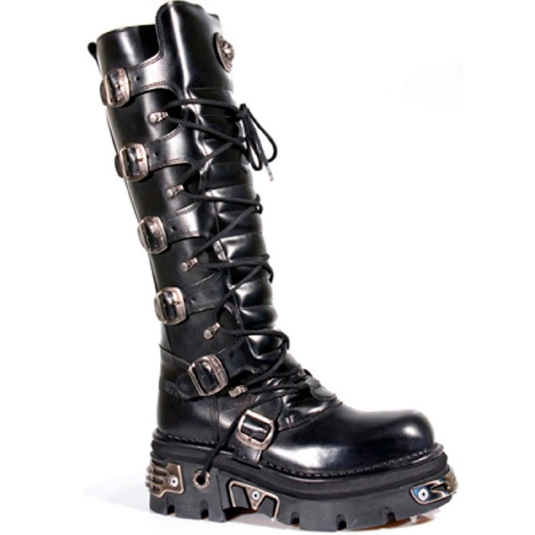 M272-S1 Metallic Black Goth Knee High Zip Leather Buckle Boots Punk Emo ...