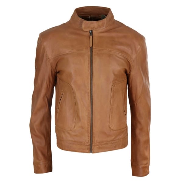 Real Leather Classic Biker Style Mens Jacket - Tan