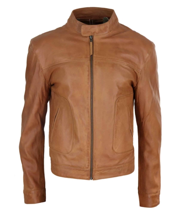 Real Leather Classic Biker Style Mens Jacket - Tan