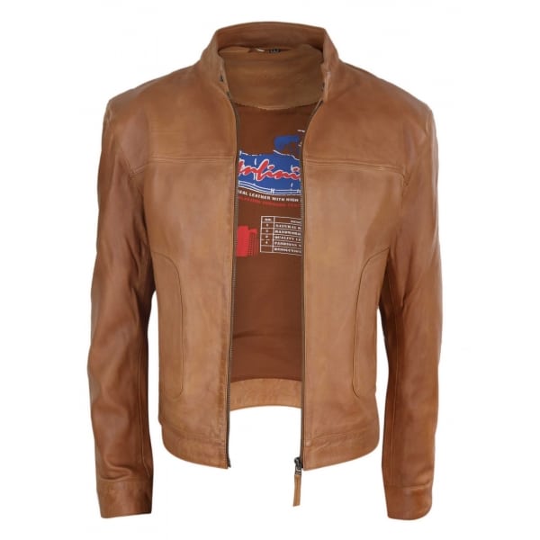 Real Leather Classic Biker Style Mens Jacket - Tan