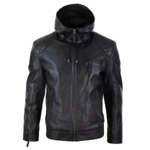 Mens Hooded Biker Leather Jacket – Black