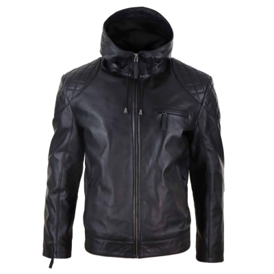 Long leather jacket with hood best sale