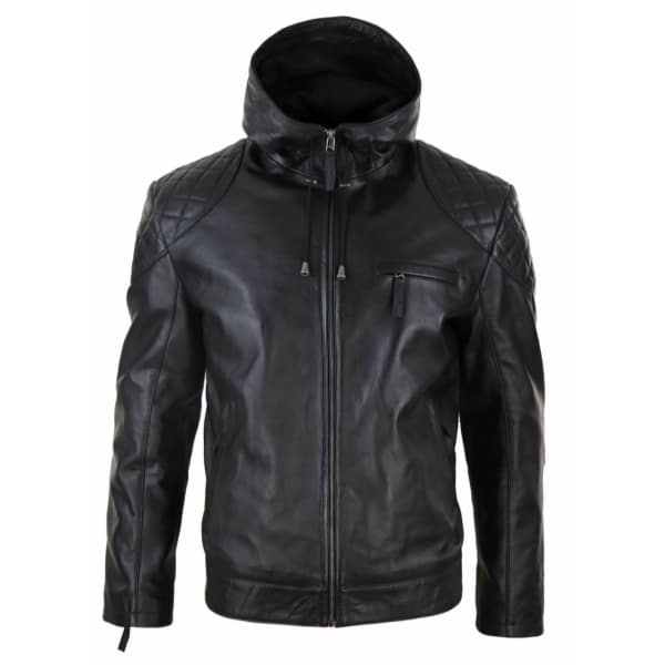 Mens Hooded Biker Leather Jacket - Black