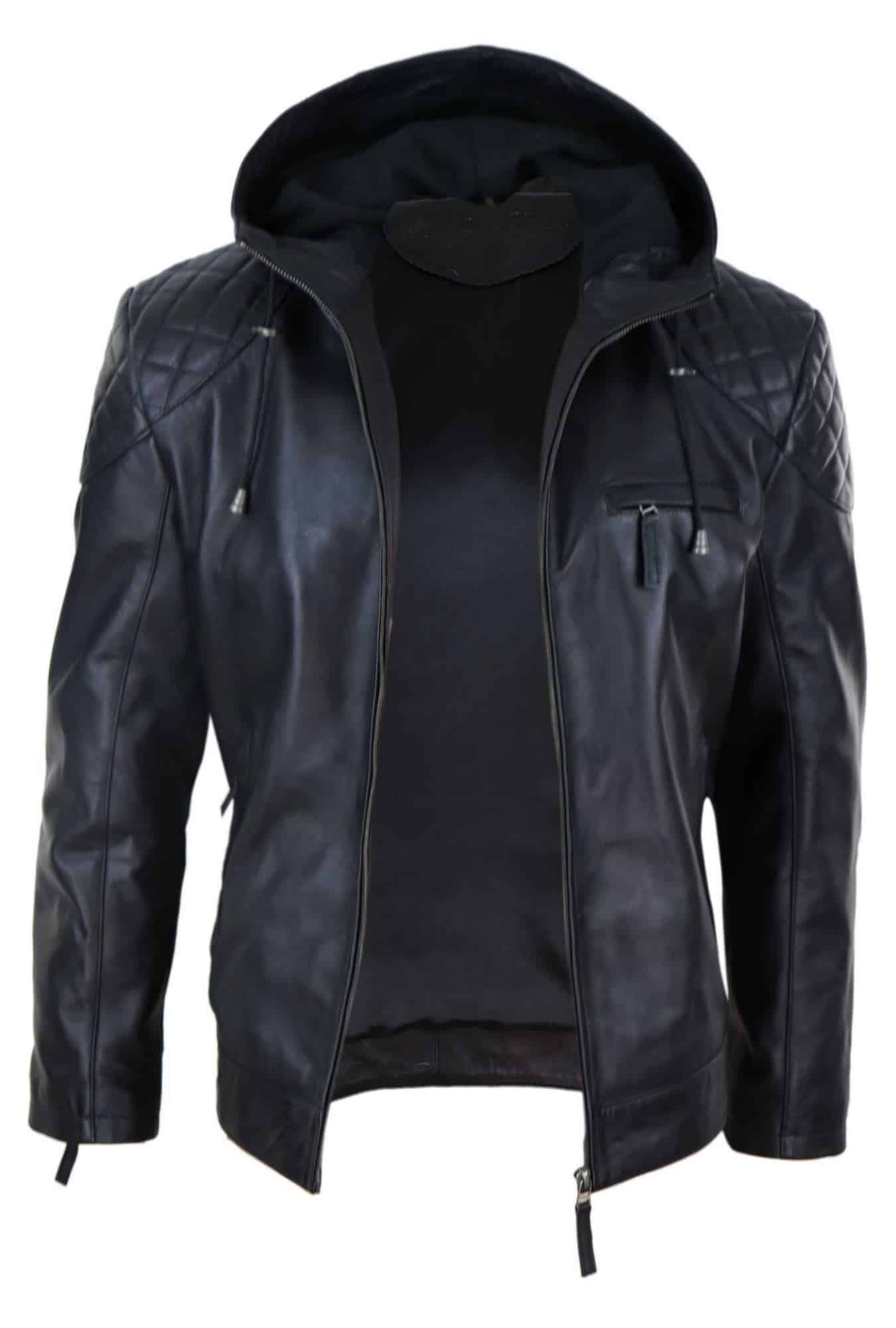 Mens Hooded Biker Leather Jacket - Black: Buy Online - Happy Gentleman