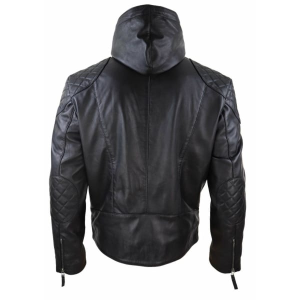 Mens Hooded Biker Leather Jacket - Black