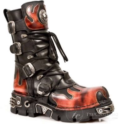 M591-S1 NEWROCK New Rock RED FLAME METALLIC BLACK LEATHER BOOT BIKER GOTH BOOTS