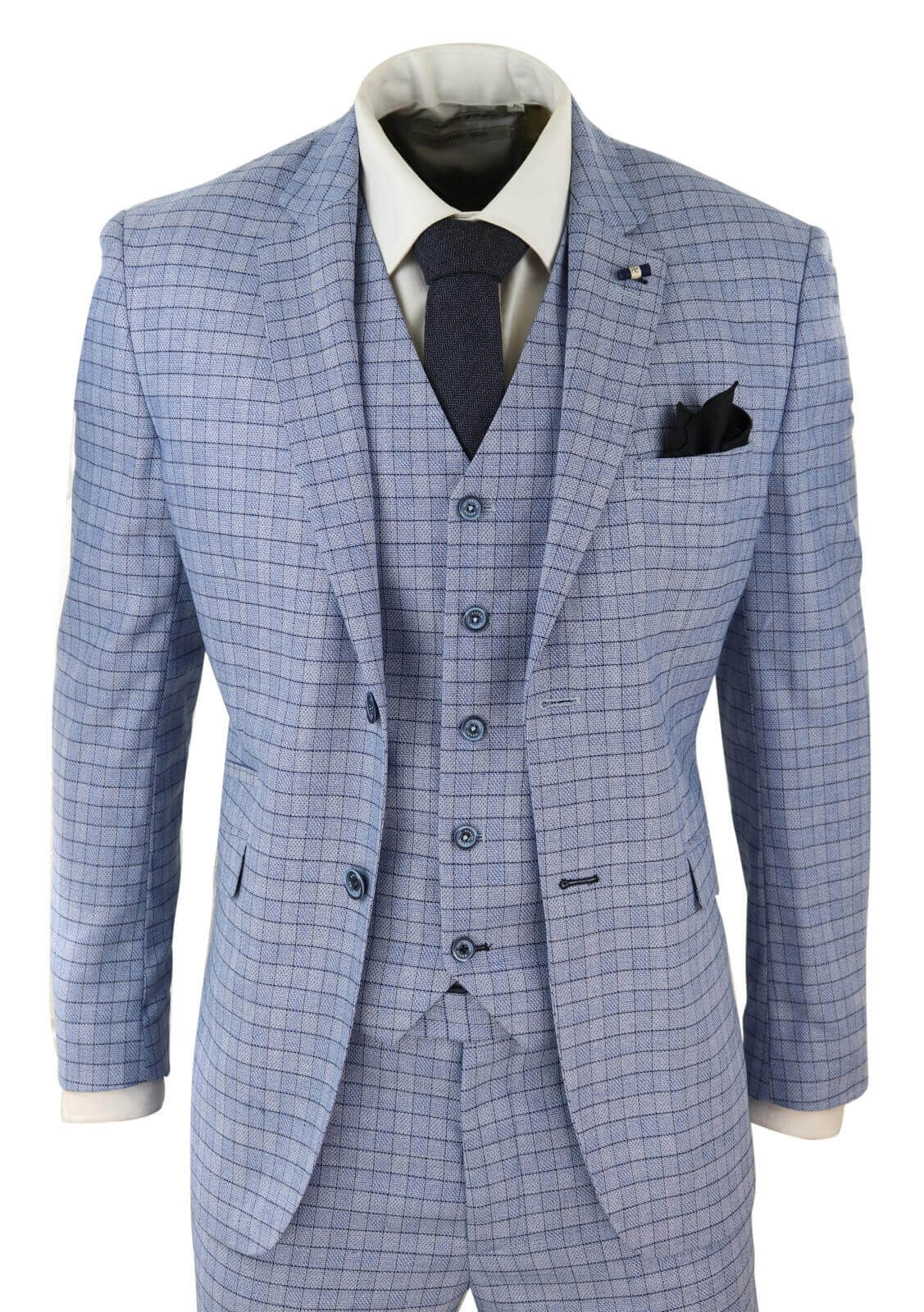 Mens Sky Blue Check 3 Piece Suit | Happy Gentleman