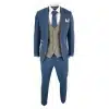 Marc Darcy Dion - Mens Blue Tan Brown 3 Piece Herringbone Tweed Check Vintage Tailored Fit Suit