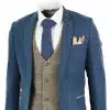 Marc Darcy Dion - Mens Blue Tan Brown 3 Piece Herringbone Tweed Check Vintage Tailored Fit Suit