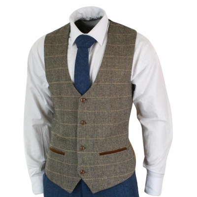 Marc Darcy Dion - Mens Blue Tan Brown 3 Piece Herringbone Tweed Check ...