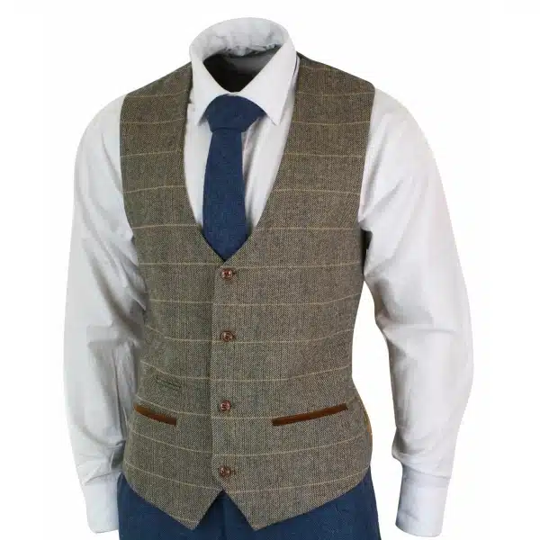 Marc Darcy Dion - Mens Blue Tan Brown 3 Piece Herringbone Tweed Check Vintage Tailored Fit Suit