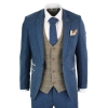 Marc Darcy Dion - Mens Blue Tan Brown 3 Piece Herringbone Tweed Check Vintage Tailored Fit Suit