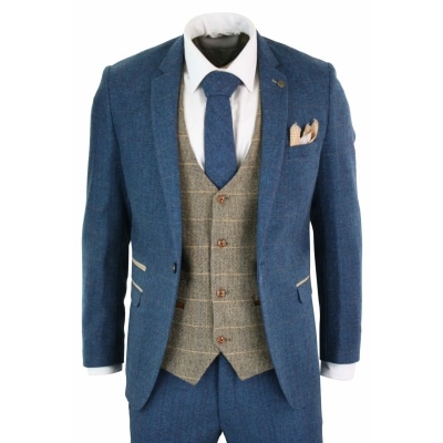 Marc Darcy Dion - Mens Blue Tan Brown 3 Piece Herringbone Tweed Check Vintage Tailored Fit Anzug
