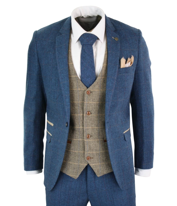 Marc Darcy Dion - Mens Blue Tan Brown 3 Piece Herringbone Tweed Check Vintage Tailored Fit Suit