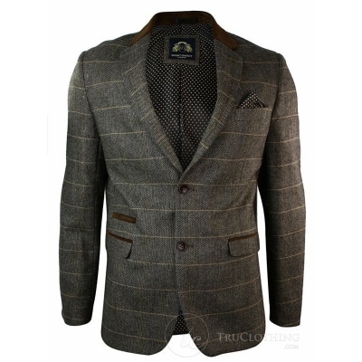 Mens Check Vintage Herringbone Tweed Grey Charcoal Blazer Jacket Fitted-Tan