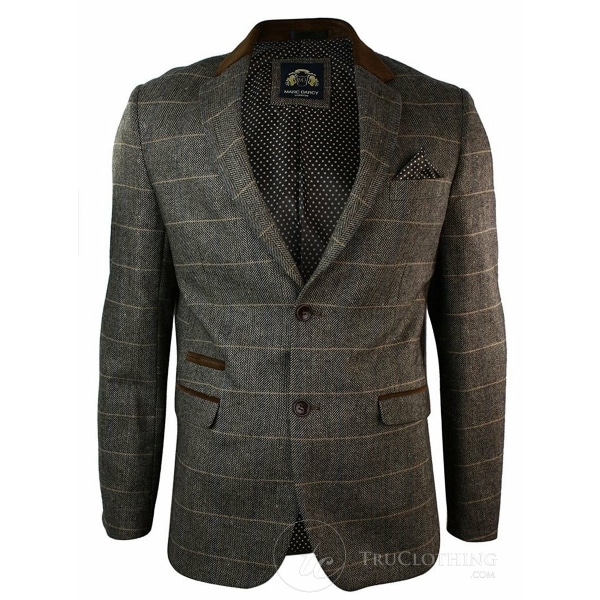 Mens Check Vintage Herringbone Tweed Grey Charcoal Blazer Jacket Fitted-Tan