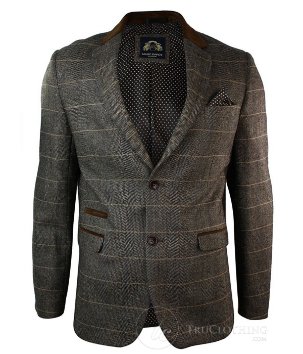 Mens Check Vintage Herringbone Tweed Grey Charcoal Blazer Jacket Fitted-Tan