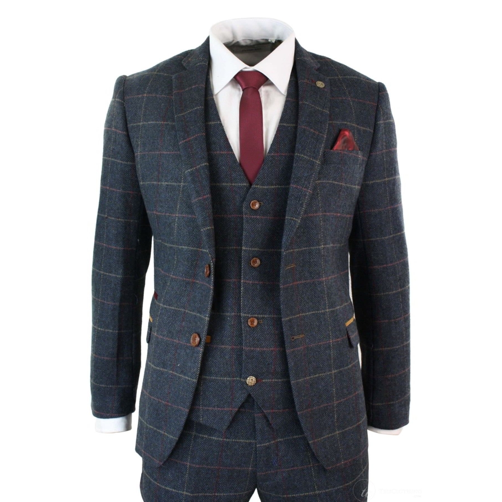 Mens Navy Blue Wine Check Herringbone Tweed Vintage 3 Piece New Marc ...