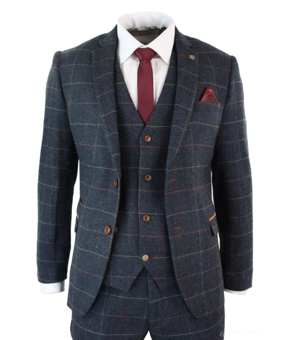 Mens Navy Blue Wine Check Herringbone Tweed Vintage 3 Piece New Marc Darcy Suit