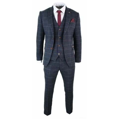 Mens Navy Blue Wine Check Herringbone Tweed Vintage 3 Piece New Marc ...