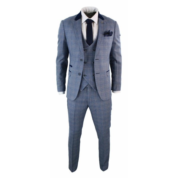 Mens 3 Piece Blue Check Suit - Marc Darcy Hilton