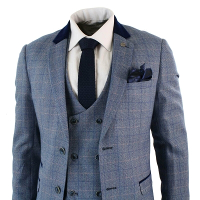 Mens 3 Piece Blue Check Suit - Marc Darcy Hilton: Buy Online - Happy ...