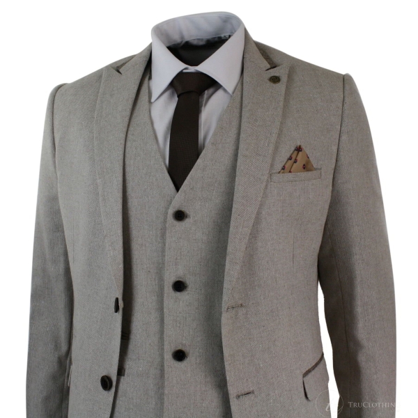 Herren Herringbone Tweed 3 Stück Anzug Samt Trim Classic Vintage Slim Fit Beige