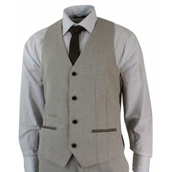 Herren Herringbone Tweed 3 Stück Anzug Samt Trim Classic Vintage Slim Fit Beige