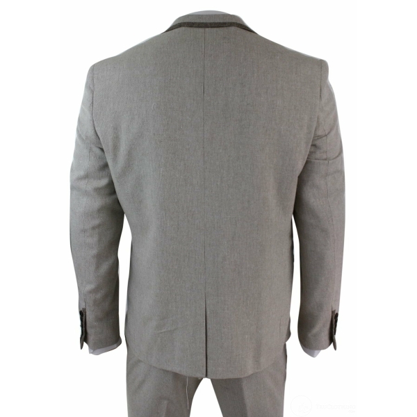 Mens Herringbone Tweed 3 Piece Suit Velvet Trim Classic Vintage Slim Fit Beige
