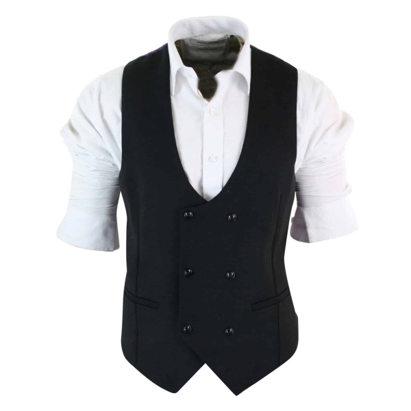 Mens Double Breasted Felt Tweed Vintage Retro Classic Waistcoat Slim Fit Herringbone-Melton DBC Black