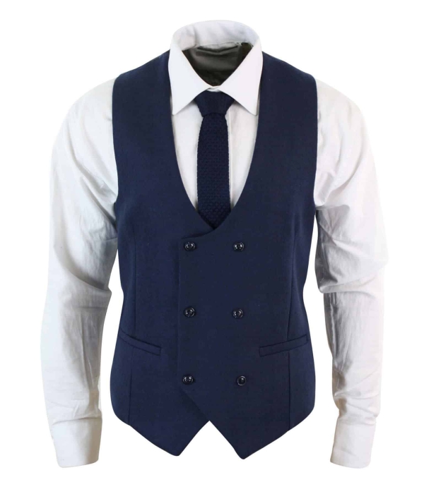 Mens Double Breasted Felt Tweed Vintage Retro Classic Waistcoat Slim Fit Herringbone-Melton DBC Blue