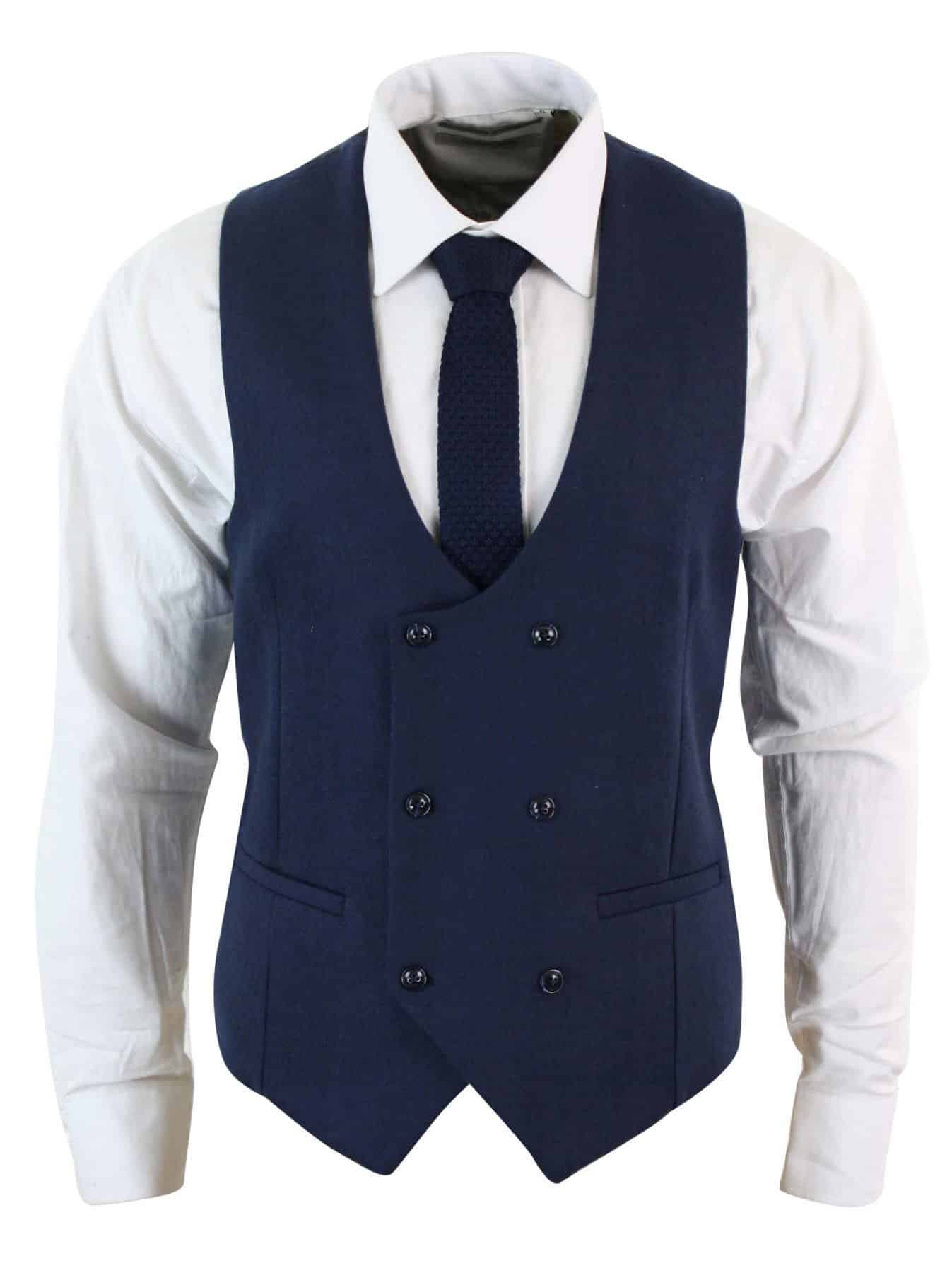 Mens Double Breasted Felt Tweed Vintage Retro Classic Waistcoat Slim Fit Herringbone-Melton DBC Blue