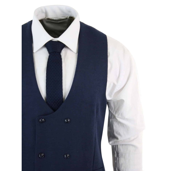 Mens Double Breasted Felt Tweed Vintage Retro Classic Waistcoat Slim Fit Herringbone-Melton DBC Blue
